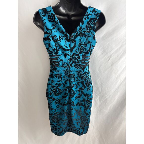 Enfocus Studio Midi Bodycon Cocktail Dress Size 4 Teal Black Floral Mesh Insert - Picture 6 of 9